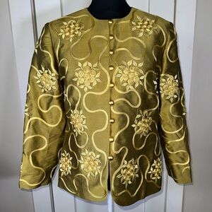 VINTAGE 100% Silk (Thailand Silk) Elegant Green & Gold Floral Women's Jacket